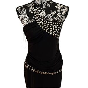 Angel Fashions X- large Black one shoulder maxi dress silver studs shirred waist